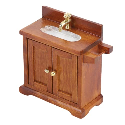 NIZUUONE 1:16 Skala Dollhouse Badezimmer Waschbecken Miniatur Holz Waschbeckenschrank für Puppenhaus mit Doppelten Türen Verstellbares Regal Birkenholz DIY Display (Walnussfarbe) von NIZUUONE