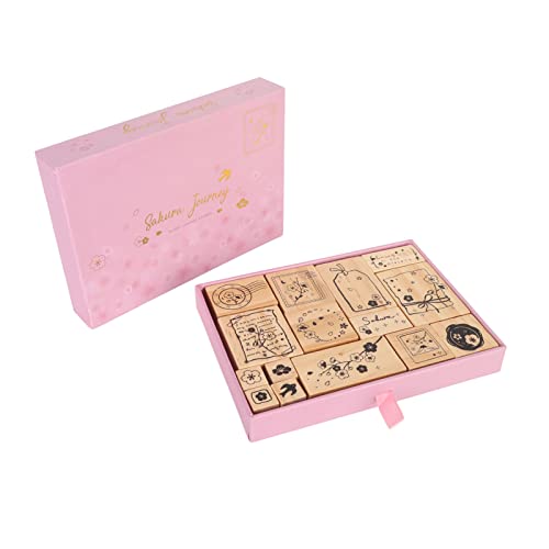 NIZUUONE Delicate Set Holzquadrat -Stempel für Tagebuch, Genaues Druck, Umweltfreundliches Wetter, 15 Dichtungen für Planer (Kirschblume) von NIZUUONE