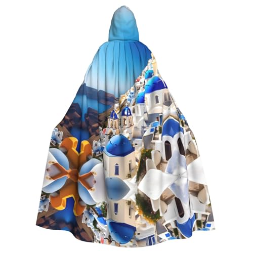 NImongt Santorini Griechische Insel Meerblick Druck Halloween Kapuze Bequemer Umhang Erwachsene volle Länge für mittelalterliche Cosplay-Kostüme von NImongt