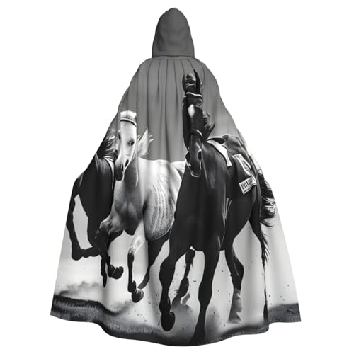 NImongt Schwarzer und weißer Pferdeumhang mit laufendem Druck, Halloween, mit Kapuze, bequemer Umhang für Erwachsene, volle Länge, für mittelalterliche Cosplay-Kostüme von NImongt