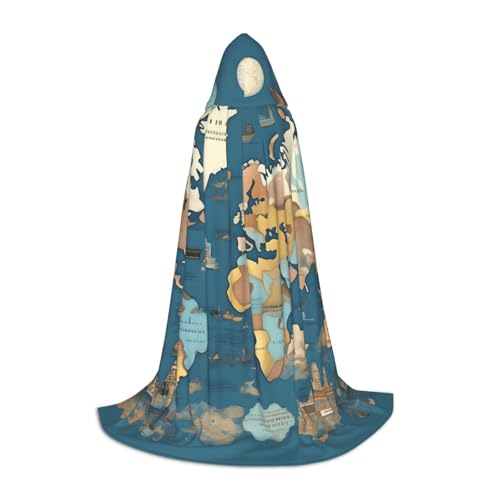NImongt Weltkarten-Druck, Teenager, Kinder und Erwachsene, Kapuzenumhang, Zauberer, Gothic, Robe, Karneval, Halloween, Cosplay von NImongt
