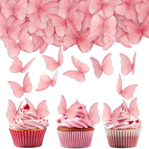 NJCXOLA Pack of 48 Edible Butterflies Cake Decorations for Cake, Pink Butterfly Cake Decoration Birthday, Cupcake Toppers, Edible Butterflies Decoration Cake for Wedding, Cake Decoration Girls von NJCXOLA