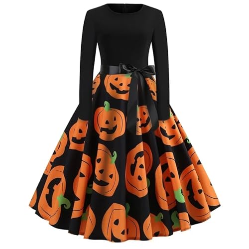NJIEzhao Bedrucktes, langärmliges Maxikleid mit Schleife, elegantes, drapiertes Kleid for Damen Vintage Hexenkleid(L) von NJIEzhao