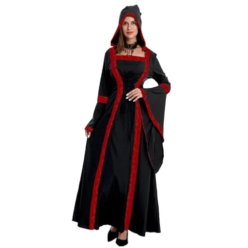 NJIEzhao Cosplayer Kapuzen Mittelalterkleid Edle Prinzessin Kleid Retro Frauen Robe Cosplay Kostüm Vintage Hexenkleid(Black,3XL) von NJIEzhao