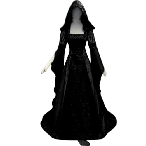 NJIEzhao Damen Hexenkleid Mittelalter Renaissance Maxi Zugkleid Teufelskleid Pagan Hexe Hochzeit Cos Kostüm Kapuzenkleid Robe Vintage Hexenkleid(Black,M) von NJIEzhao