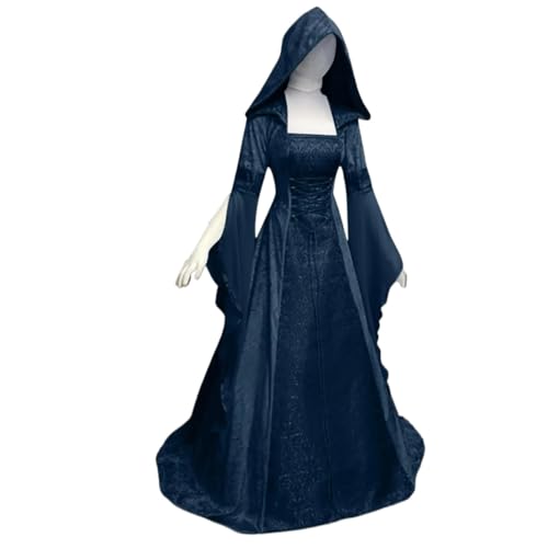 NJIEzhao Damen Hexenkleid Mittelalter Renaissance Maxi Zugkleid Teufelskleid Pagan Hexe Hochzeit Cos Kostüm Kapuzenkleid Robe Vintage Hexenkleid(Color 3,S) von NJIEzhao