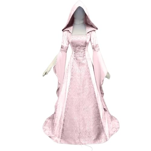 NJIEzhao Damen Hexenkleid Mittelalter Renaissance Maxi Zugkleid Teufelskleid Pagan Hexe Hochzeit Cos Kostüm Kapuzenkleid Robe Vintage Hexenkleid(Pink,3XL) von NJIEzhao