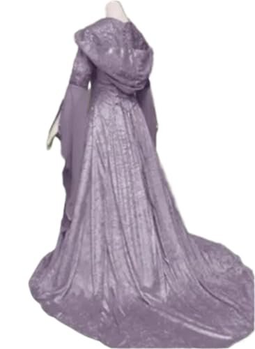 NJIEzhao Damen Hexenkleid Mittelalter Renaissance Maxi Zugkleid Teufelskleid Pagan Hexe Hochzeit Cos Kostüm Kapuzenkleid Robe Vintage Hexenkleid(Purple,4XL) von NJIEzhao