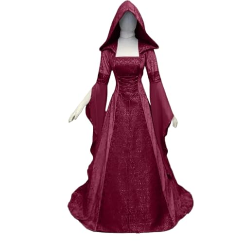 NJIEzhao Damen Hexenkleid Mittelalter Renaissance Maxi Zugkleid Teufelskleid Pagan Hexe Hochzeit Cos Kostüm Kapuzenkleid Robe Vintage Hexenkleid(Red,L) von NJIEzhao