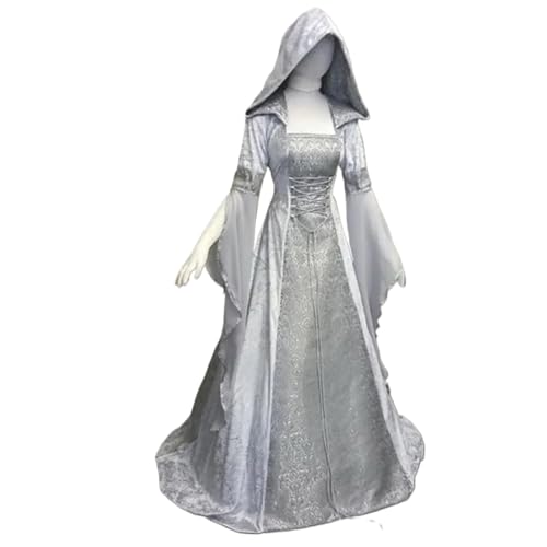 NJIEzhao Damen Hexenkleid Mittelalter Renaissance Maxi Zugkleid Teufelskleid Pagan Hexe Hochzeit Cos Kostüm Kapuzenkleid Robe Vintage Hexenkleid(Silver,S) von NJIEzhao