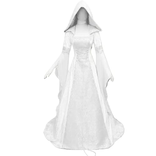 NJIEzhao Damen Hexenkleid Mittelalter Renaissance Maxi Zugkleid Teufelskleid Pagan Hexe Hochzeit Cos Kostüm Kapuzenkleid Robe Vintage Hexenkleid(White,XL) von NJIEzhao