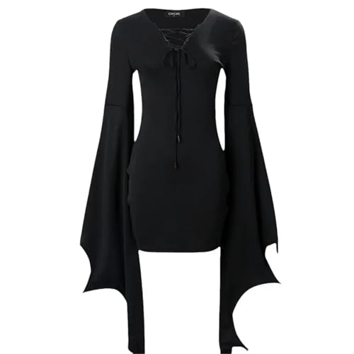 NJIEzhao Damenkleid, Herbst, einfarbig, weite Ärmel, Schnürkleider for Damen Vintage Hexenkleid(XL) von NJIEzhao