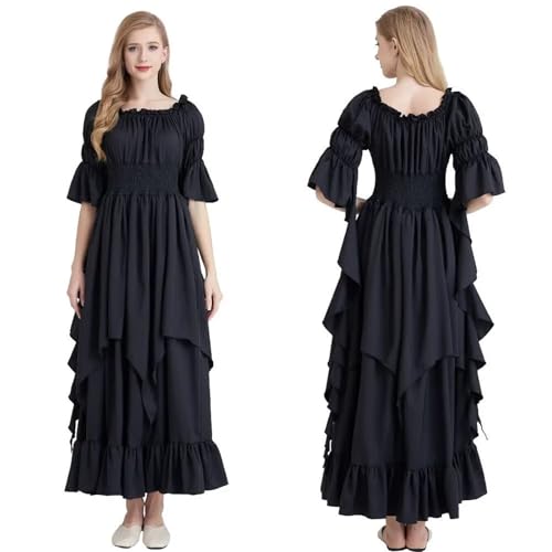 NJIEzhao Frauen Medieval Einfarbig Kleid Schicht Röcke Off Schulter Renaissance Vintage Hexenkleid(Black,3XL) von NJIEzhao