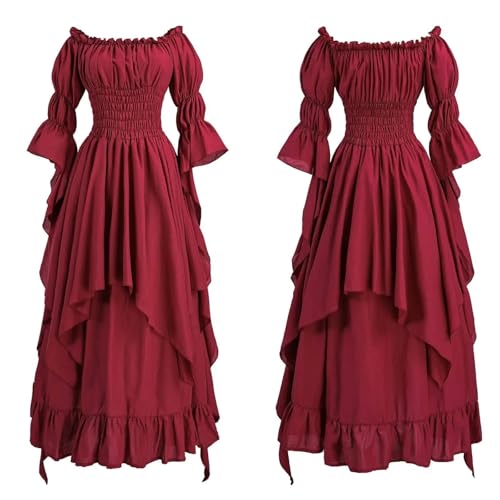 NJIEzhao Frauen Medieval Einfarbig Kleid Schicht Röcke Off Schulter Renaissance Vintage Hexenkleid(Burgundy,3XL) von NJIEzhao