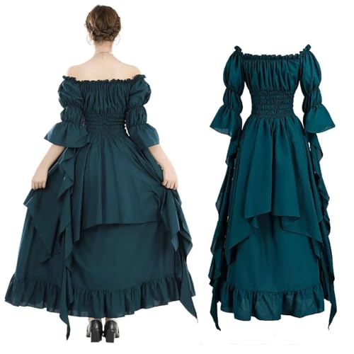 NJIEzhao Frauen Medieval Einfarbig Kleid Schicht Röcke Off Schulter Renaissance Vintage Hexenkleid(Dark green,XL) von NJIEzhao