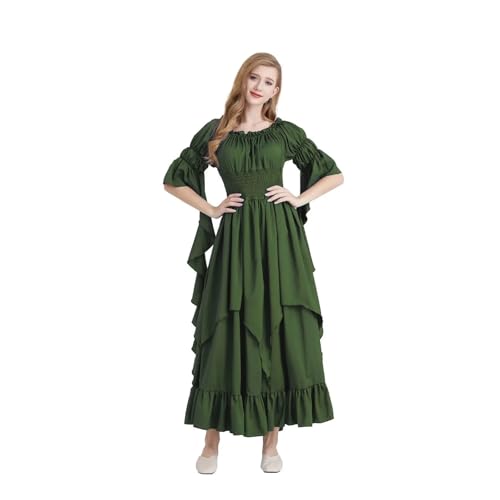 NJIEzhao Frauen Medieval Einfarbig Kleid Schicht Röcke Off Schulter Renaissance Vintage Hexenkleid(Green,M) von NJIEzhao