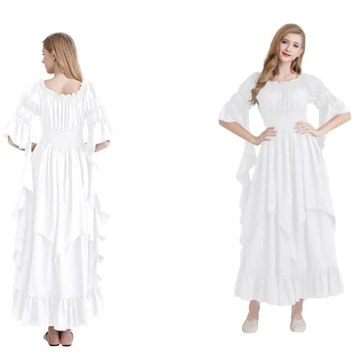 NJIEzhao Frauen Medieval Einfarbig Kleid Schicht Röcke Off Schulter Renaissance Vintage Hexenkleid(WHITE,XL) von NJIEzhao