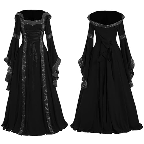 NJIEzhao Frauen Vintage Cosplay Kleid Herbst Winter Blumendruck Ballkleider Bodenlanges Hexe Kapuzenumhang Vintage Hexenkleid(Black,4XL) von NJIEzhao