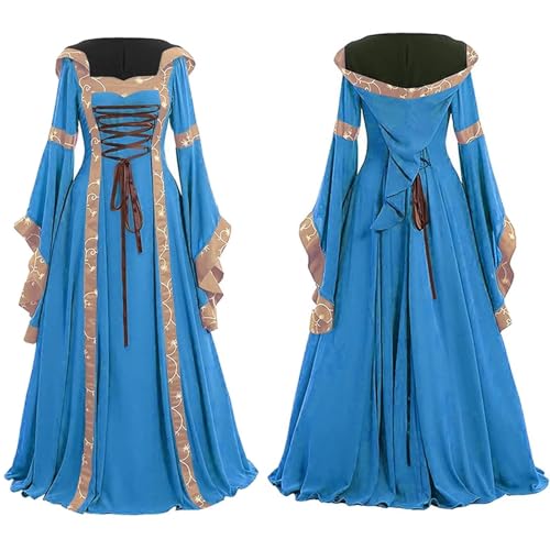 NJIEzhao Frauen Vintage Cosplay Kleid Herbst Winter Blumendruck Ballkleider Bodenlanges Hexe Kapuzenumhang Vintage Hexenkleid(Color 3,XXXXXL) von NJIEzhao