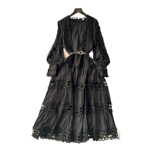 NJIEzhao Langes Kleid mit Puffärmeln for Damen, Spitzen-Patchwork, ausgehöhlte Kleider Gürtel, einfarbig Vintage Hexenkleid(Black,XL) von NJIEzhao