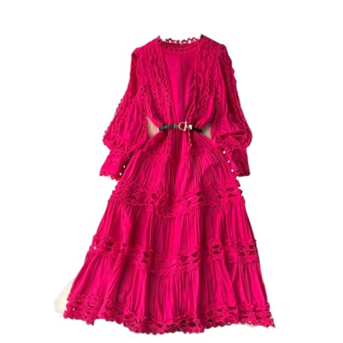 NJIEzhao Langes Kleid mit Puffärmeln for Damen, Spitzen-Patchwork, ausgehöhlte Kleider Gürtel, einfarbig Vintage Hexenkleid(Color 10,M) von NJIEzhao