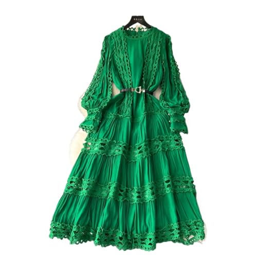 NJIEzhao Langes Kleid mit Puffärmeln for Damen, Spitzen-Patchwork, ausgehöhlte Kleider Gürtel, einfarbig Vintage Hexenkleid(Green,L) von NJIEzhao