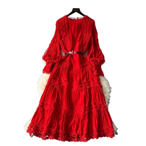 NJIEzhao Langes Kleid mit Puffärmeln for Damen, Spitzen-Patchwork, ausgehöhlte Kleider Gürtel, einfarbig Vintage Hexenkleid(Red,S) von NJIEzhao
