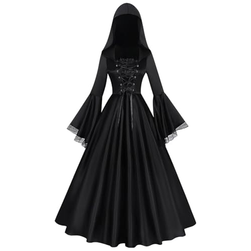 NJIEzhao Mittelalterliche Retro-Schnürkleider for Frauen, schwarzes Maxikleid mit ausgestellten Ärmeln, Party-Hexe Kapuze, Ballkleid, Cosplay-Kostüm Vintage Hexenkleid(M) von NJIEzhao