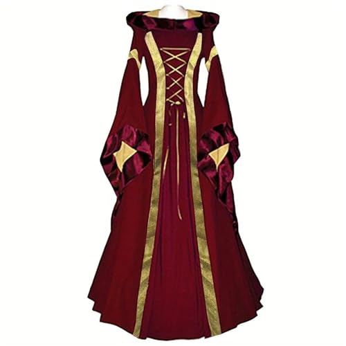 NJIEzhao Mittelalterliches Cosplay-Kleid – viktorianisches Retro-Kapuzenkleid mit Glockenärmeln, for Bühnenauftritte, Cosplay-Events und Thementreffen Vintage Hexenkleid(Red,S) von NJIEzhao