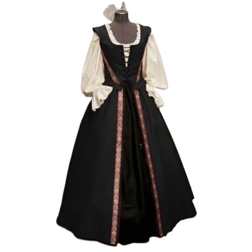 NJIEzhao Mittelalterliches Renaissance-Stil-Kleid mit quadratischem Kragen und Taillenbund, voller Rock, zweiteiliges Set, Kleid for junge Damen Vintage Hexenkleid(Black,M) von NJIEzhao