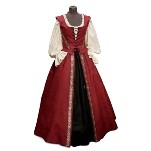 NJIEzhao Mittelalterliches Renaissance-Stil-Kleid mit quadratischem Kragen und Taillenbund, voller Rock, zweiteiliges Set, Kleid for junge Damen Vintage Hexenkleid(Burgundy,4XL) von NJIEzhao