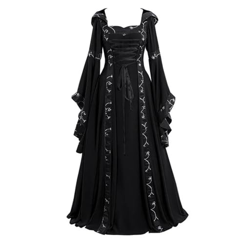NJIEzhao Mittelalterliches Retro-Kapuzenkleid for Damen, quadratischer Ausschnitt, ausgestellte Ärmel, großer Saum Vintage Hexenkleid(Black,M) von NJIEzhao