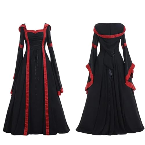 NJIEzhao Mittelalterliches Retro-Kapuzenkleid for Damen, quadratischer Ausschnitt, ausgestellte Ärmel, großer Saum Vintage Hexenkleid(Black Red,XL) von NJIEzhao
