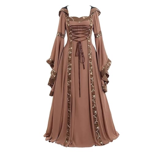 NJIEzhao Mittelalterliches Retro-Kapuzenkleid for Damen, quadratischer Ausschnitt, ausgestellte Ärmel, großer Saum Vintage Hexenkleid(Khaki,S) von NJIEzhao