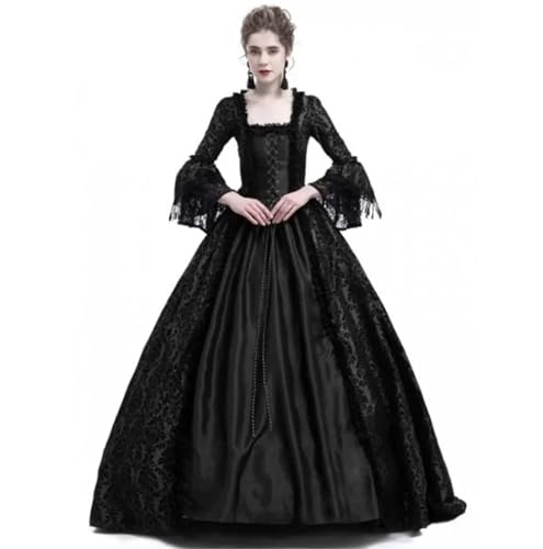 NJIEzhao Mittelalterliches Spitzen-Patchwork-Kleid mit Glockenärmeln, Hof-Retro-V-Ausschnitt, volle Länge, Knöchellänge, Damen-Laternenkleid Vintage Hexenkleid(Black,XL) von NJIEzhao