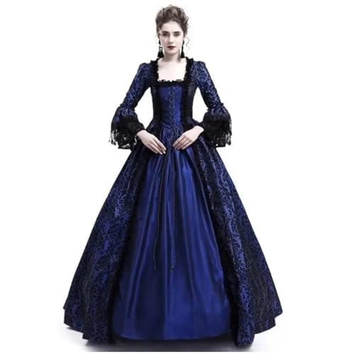 NJIEzhao Mittelalterliches Spitzen-Patchwork-Kleid mit Glockenärmeln, Hof-Retro-V-Ausschnitt, volle Länge, Knöchellänge, Damen-Laternenkleid Vintage Hexenkleid(Blue,M) von NJIEzhao
