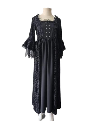 NJIEzhao Mittelalterliches Spitzen-Patchwork-Kleid mit Glockenärmeln, Hof-Retro-V-Ausschnitt, volle Länge, Knöchellänge, Damen-Laternenkleid Vintage Hexenkleid(Boutique black with lines,XL) von NJIEzhao