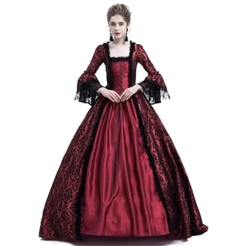 NJIEzhao Mittelalterliches Spitzen-Patchwork-Kleid mit Glockenärmeln, Hof-Retro-V-Ausschnitt, volle Länge, Knöchellänge, Damen-Laternenkleid Vintage Hexenkleid(Burgundy,XXL) von NJIEzhao