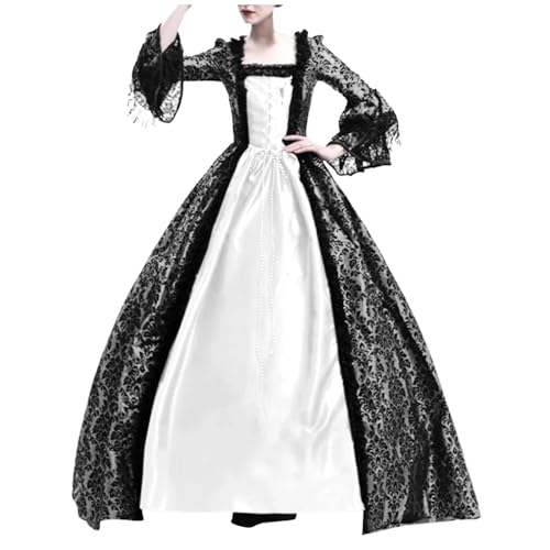 NJIEzhao Mittelalterliches Spitzen-Patchwork-Kleid mit Glockenärmeln, Hof-Retro-V-Ausschnitt, volle Länge, Knöchellänge, Damen-Laternenkleid Vintage Hexenkleid(Color 2,5XL) von NJIEzhao