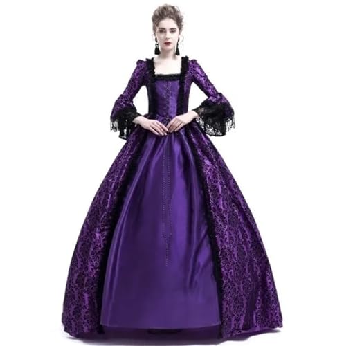 NJIEzhao Mittelalterliches Spitzen-Patchwork-Kleid mit Glockenärmeln, Hof-Retro-V-Ausschnitt, volle Länge, Knöchellänge, Damen-Laternenkleid Vintage Hexenkleid(PURPLE,XXL) von NJIEzhao