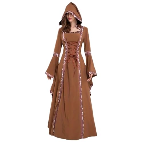 NJIEzhao Mittelalterliches Vintage-Kostüm mit Kapuze, langes Kleid quadratischem Halsausschnitt, Glockenärmeln, ausgestelltem Rock Vintage Hexenkleid(Color 2,XL) von NJIEzhao