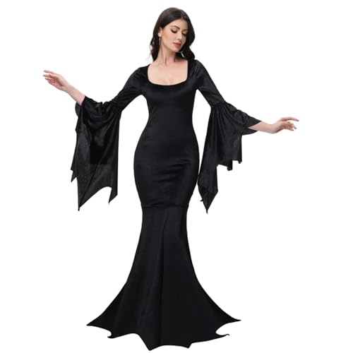 NJIEzhao Schwarzes Familienkleid Retro Ausgestellte Ärmel Fischschwanzkleid Vestido Vintage Hexenkleid(XXL) von NJIEzhao