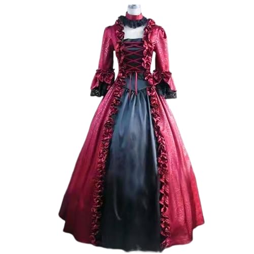 NJIEzhao Viktorianisches Gothic-Kostüm, Mittelalter, Renaissance, Halloween, Vampir, Cosplay, lange Ärmel, quadratischer Ausschnitt, Prinzessin, Fantasy, formelles Kleid Vintage Hexenkleid(Red,S) von NJIEzhao