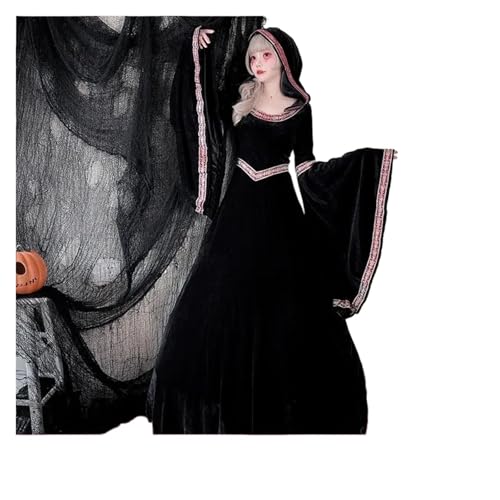 NJIEzhao Vintage Century Mittelalterliches Vampirkostüm for Erwachsene Damen Hexenkleid lang mit rotem Hut Bühnenkleidung Zubehör Vintage Hexenkleid(Black dress+S) von NJIEzhao