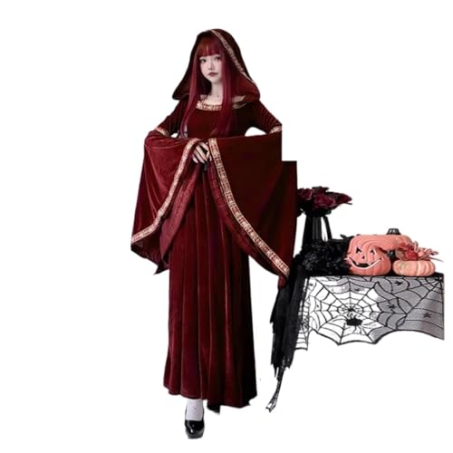 NJIEzhao Vintage Century Mittelalterliches Vampirkostüm for Erwachsene Damen Hexenkleid lang mit rotem Hut Bühnenkleidung Zubehör Vintage Hexenkleid(Red dress+M) von NJIEzhao