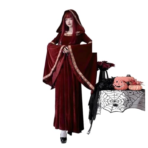 NJIEzhao Vintage Century Mittelalterliches Vampirkostüm for Erwachsene Damen Hexenkleid lang mit rotem Hut Bühnenkleidung Zubehör Vintage Hexenkleid(Red dress+S) von NJIEzhao