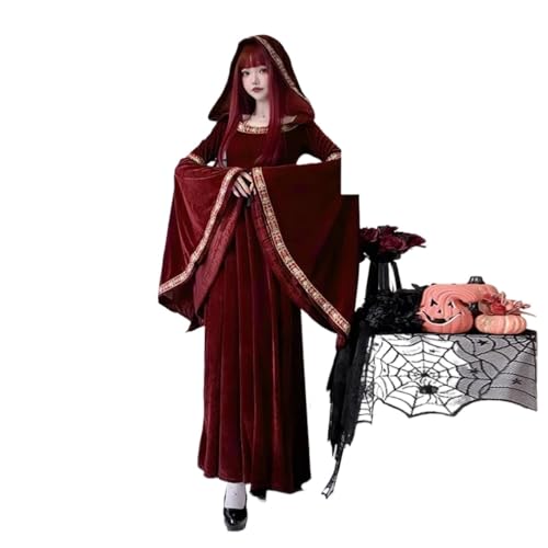 NJIEzhao Vintage Century Mittelalterliches Vampirkostüm for Erwachsene Damen Hexenkleid lang mit rotem Hut Bühnenkleidung Zubehör Vintage Hexenkleid(Red dress+XL) von NJIEzhao