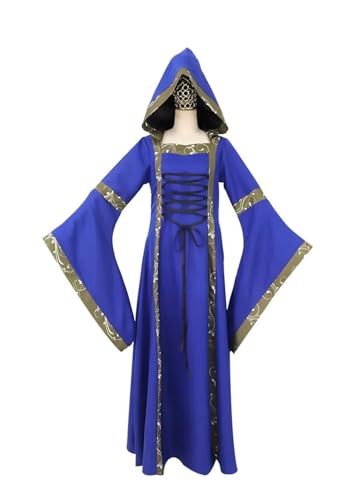 NJIEzhao Vintage Kapuzenkleid Quadratischer Kragen Flare Ärmel Weiter Rock Cosplay Kostüm Vintage Hexenkleid(Blue,S) von NJIEzhao