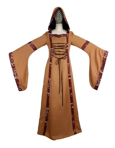 NJIEzhao Vintage Kapuzenkleid Quadratischer Kragen Flare Ärmel Weiter Rock Cosplay Kostüm Vintage Hexenkleid(Brown,XXL) von NJIEzhao
