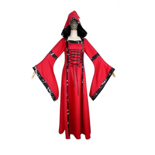NJIEzhao Vintage Kapuzenkleid Quadratischer Kragen Flare Ärmel Weiter Rock Cosplay Kostüm Vintage Hexenkleid(Red,M) von NJIEzhao